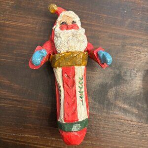Vintage 1992 House of Hatten Christmas Ornament of Santa in a Stocking ~ Carved